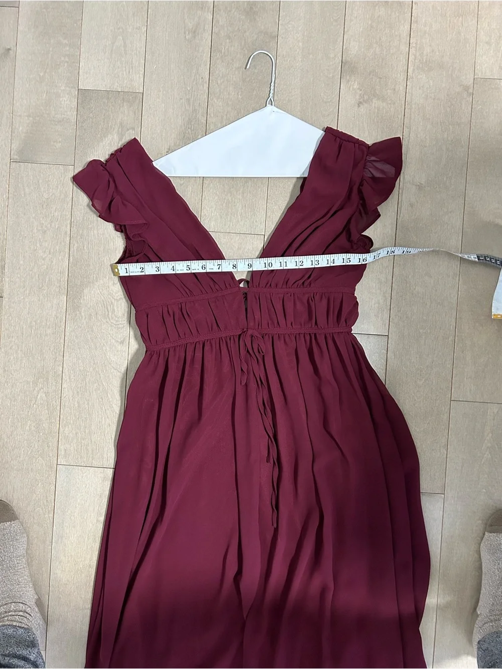 Deep Burgundy V-Neck Maxi Dress with Flutter Sleeves - Picture 6 of 8